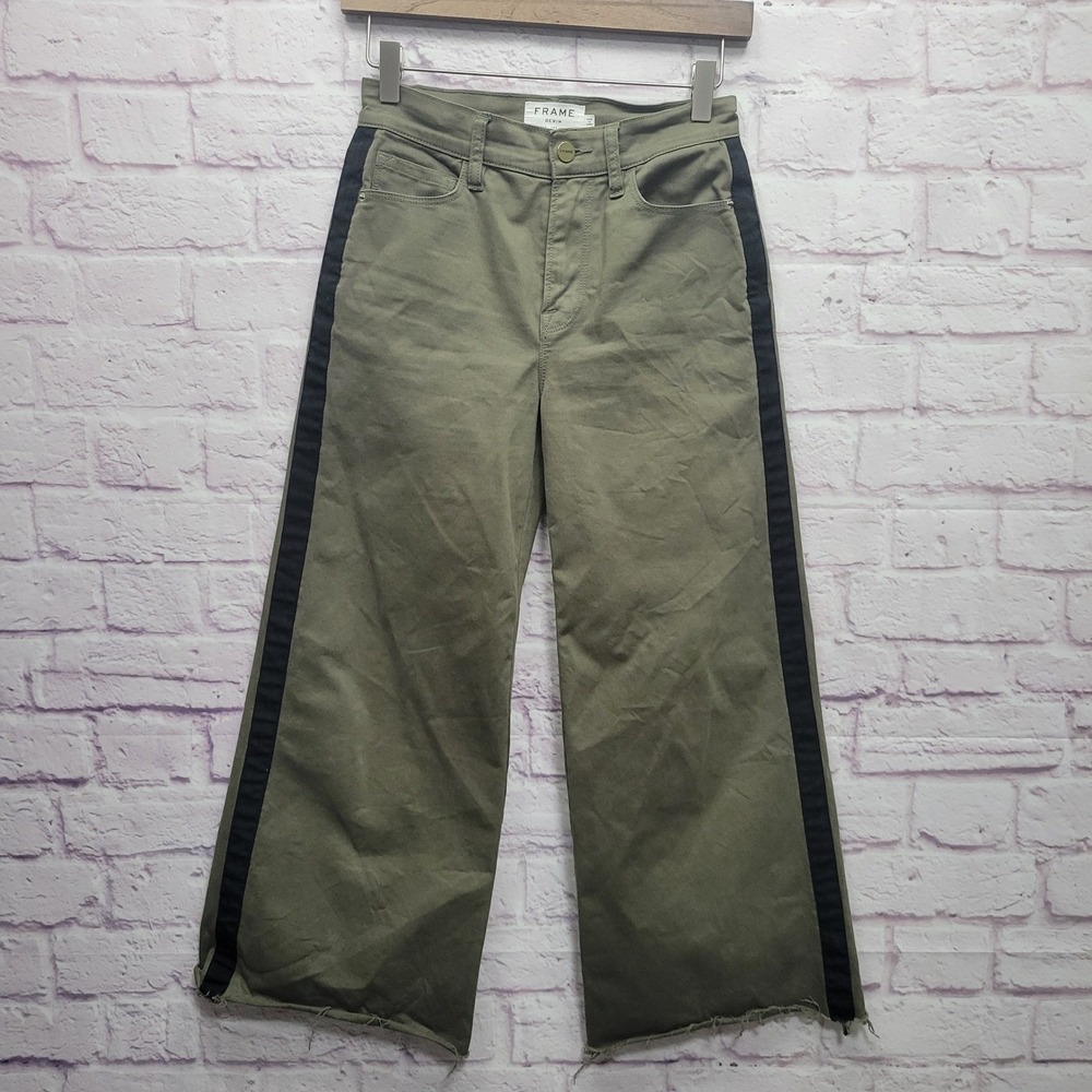 Frame Denim Green Cropped Wide Leg Jeans Size 24 Side Stripe Raw Hem Fray‎